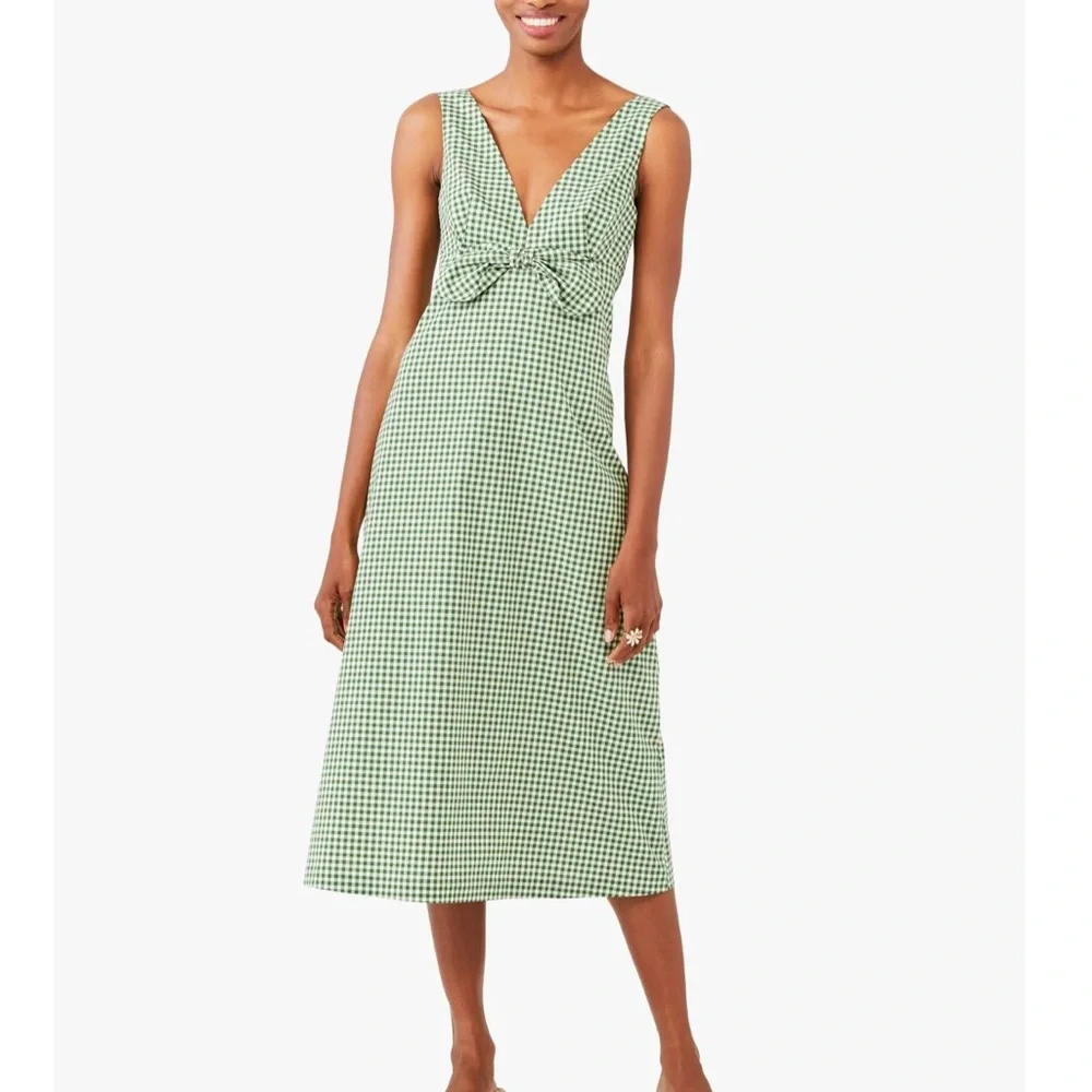 Kate Spade Mini Gingham Bow Midi Dress Size 4 Cotton Blend V Neck Sleeveless